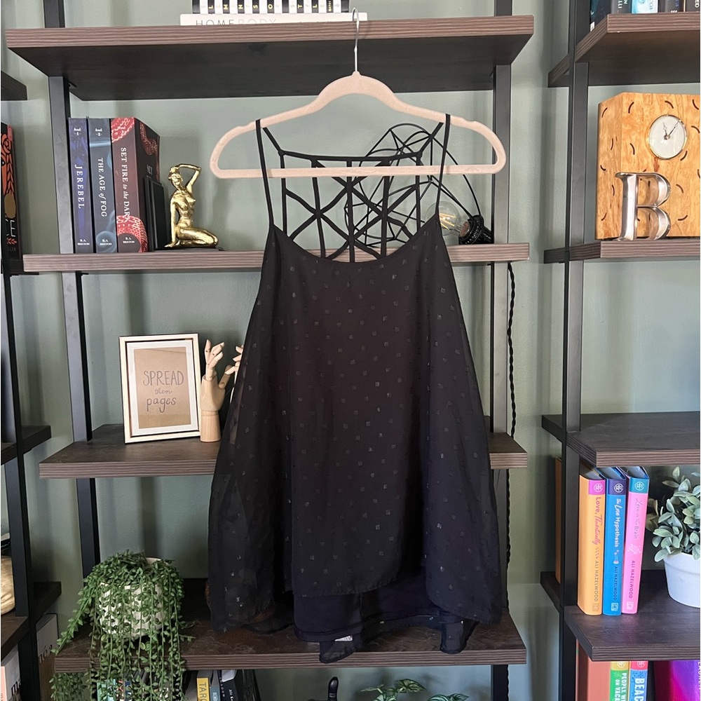 Charming Charlie Flowy Black shirt double-lined with accent back straps